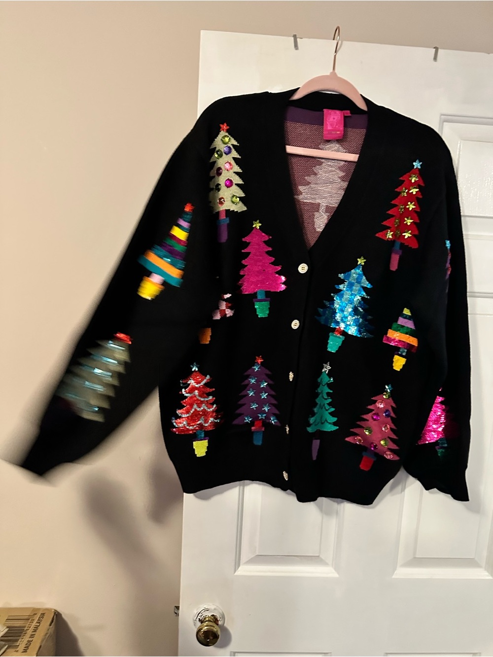 QUEEN OF SPARKLES Black Festive Tree Embellished Cardigan - Picture 7 of 7